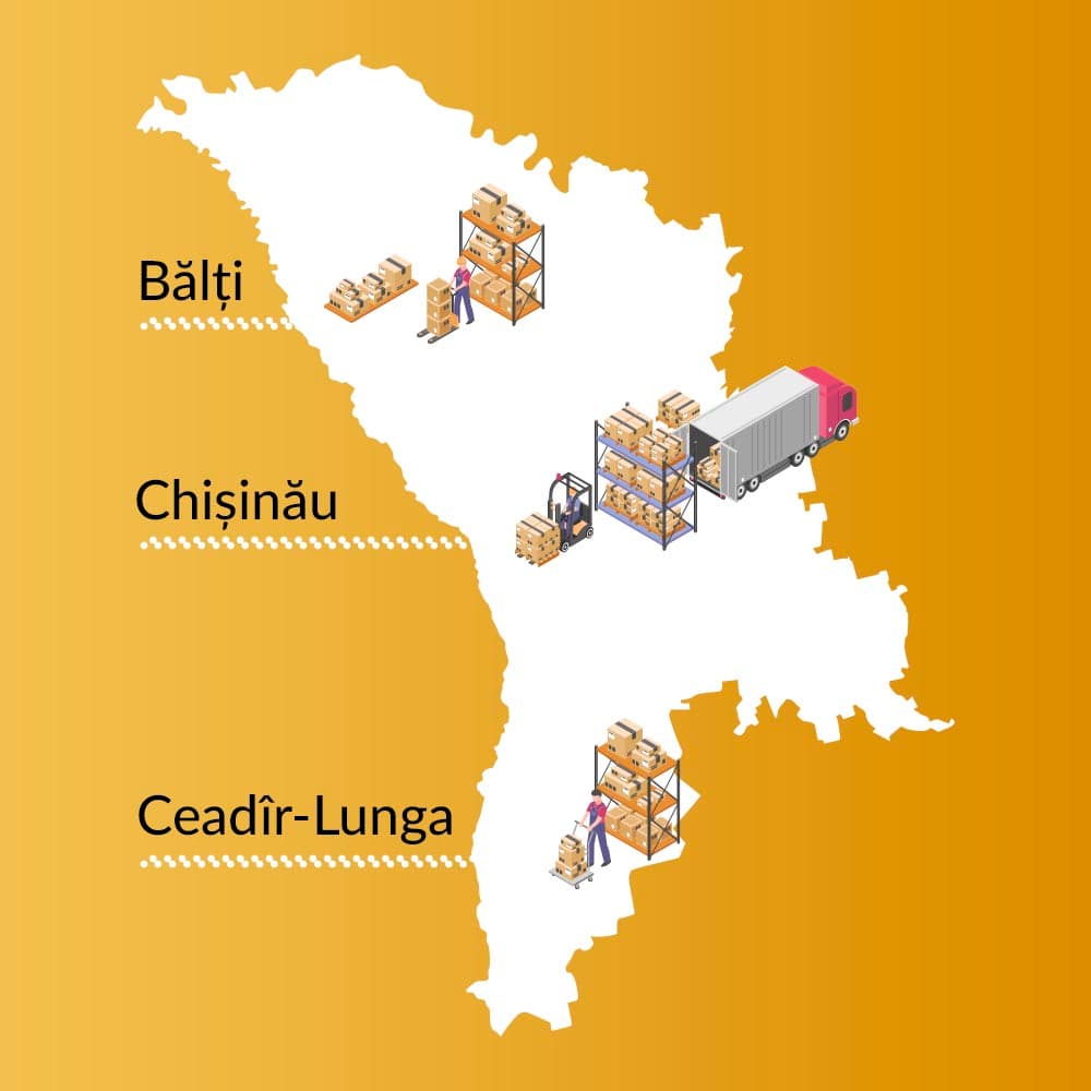 Map of Moldova showing Azamet warehouses in Balti, Chisinau and Ceadir-Lunga